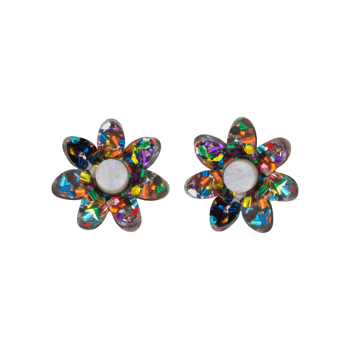 Pair of dark rainbow confetti flower studs with white centres side by side on white, front view