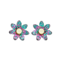 Pair of lilac and turquoise holographic confetti flower studs with gold centres side by side on white