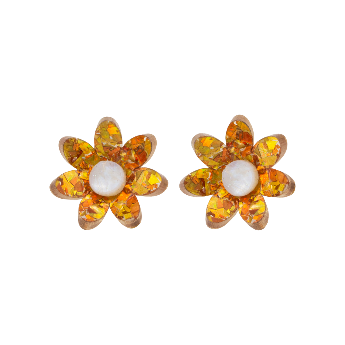 Pair of orange and gold holographic confetti flower studs with white centres side by side on white, front view