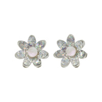 Pair of silver holographic confetti flower studs with pearly white centres side by side on white, front view