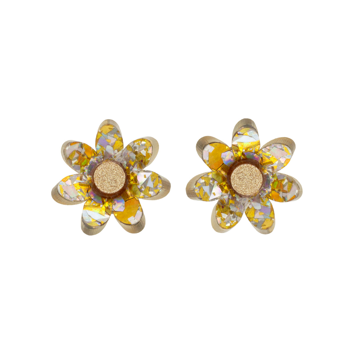 Pair of silver and gold holographic confetti flower studs with gold glitter centres side by side on white