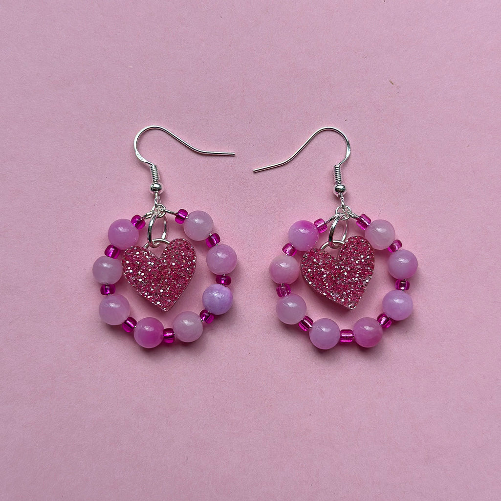 Beaded Crystal Heart Dangle Earrings
