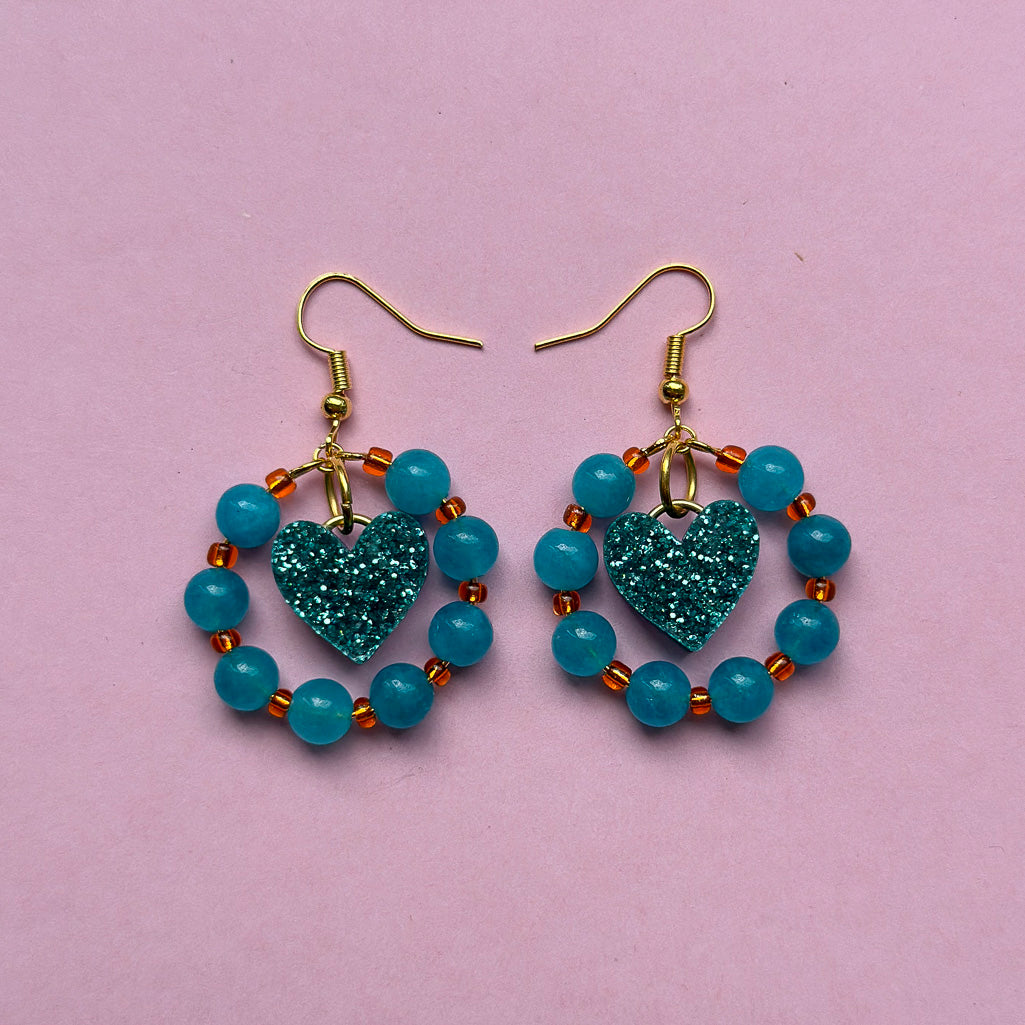 Beaded Crystal Heart Dangle Earrings