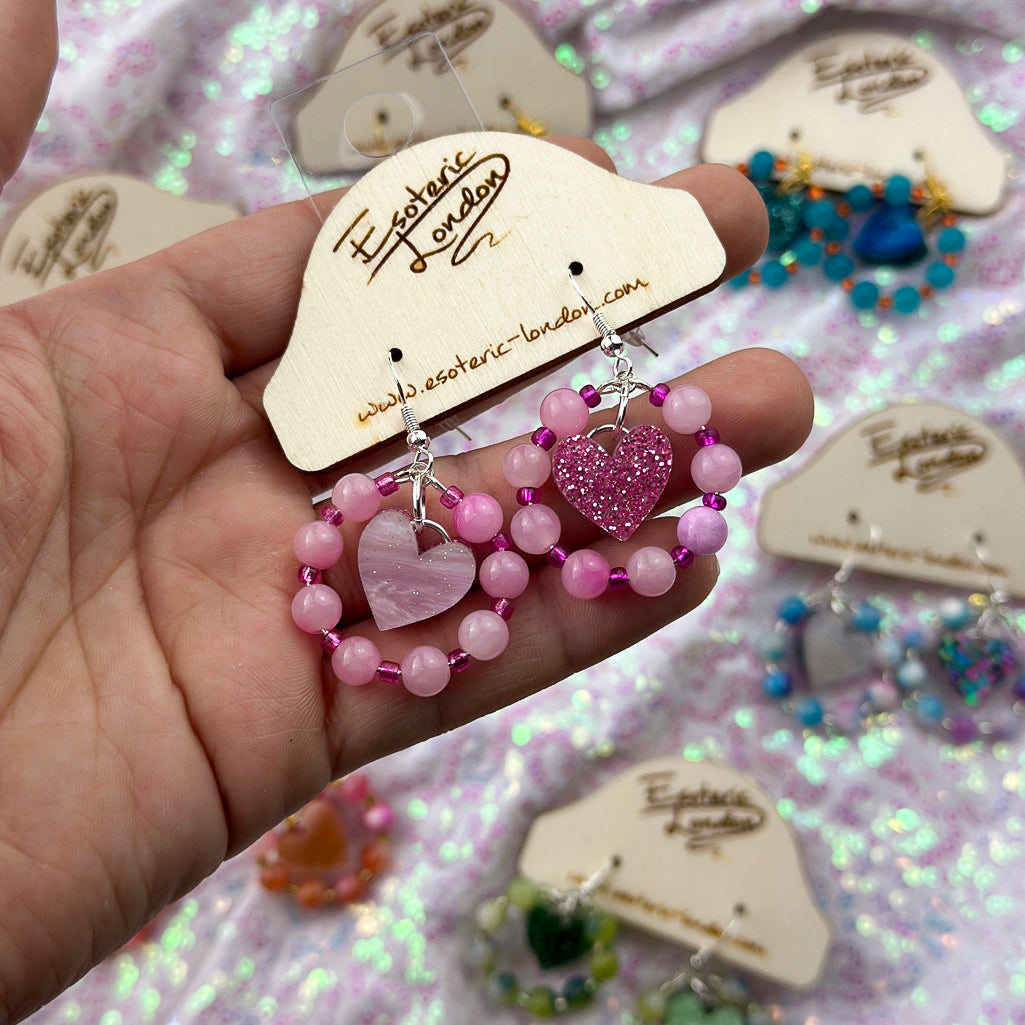 Beaded Crystal Heart Dangle Earrings