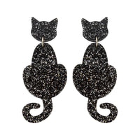 Cat Dangle Earrings - Black Glitter