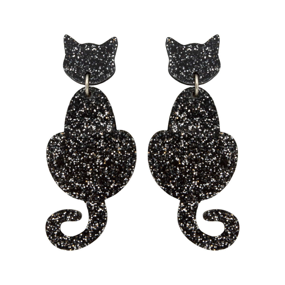 Cat Dangle Earrings - Black Glitter