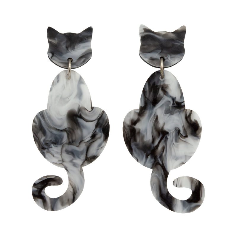 Cat Dangle Earrings - Black & White Marble by Esoteric Dreamland