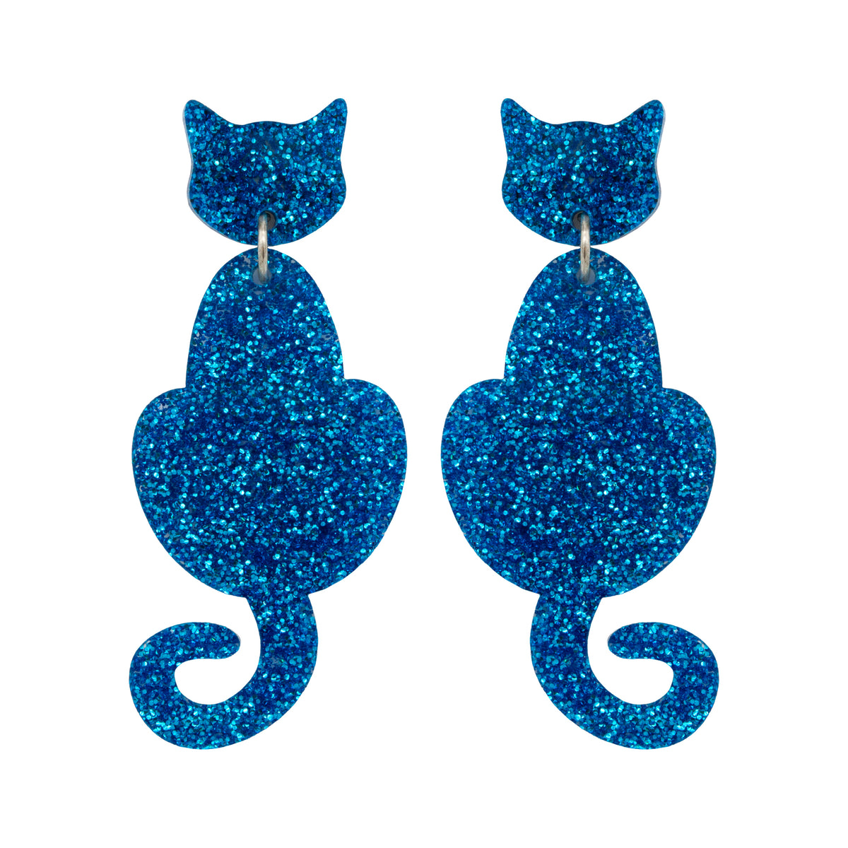 Cat Dangle Earrings - Blue Glitter