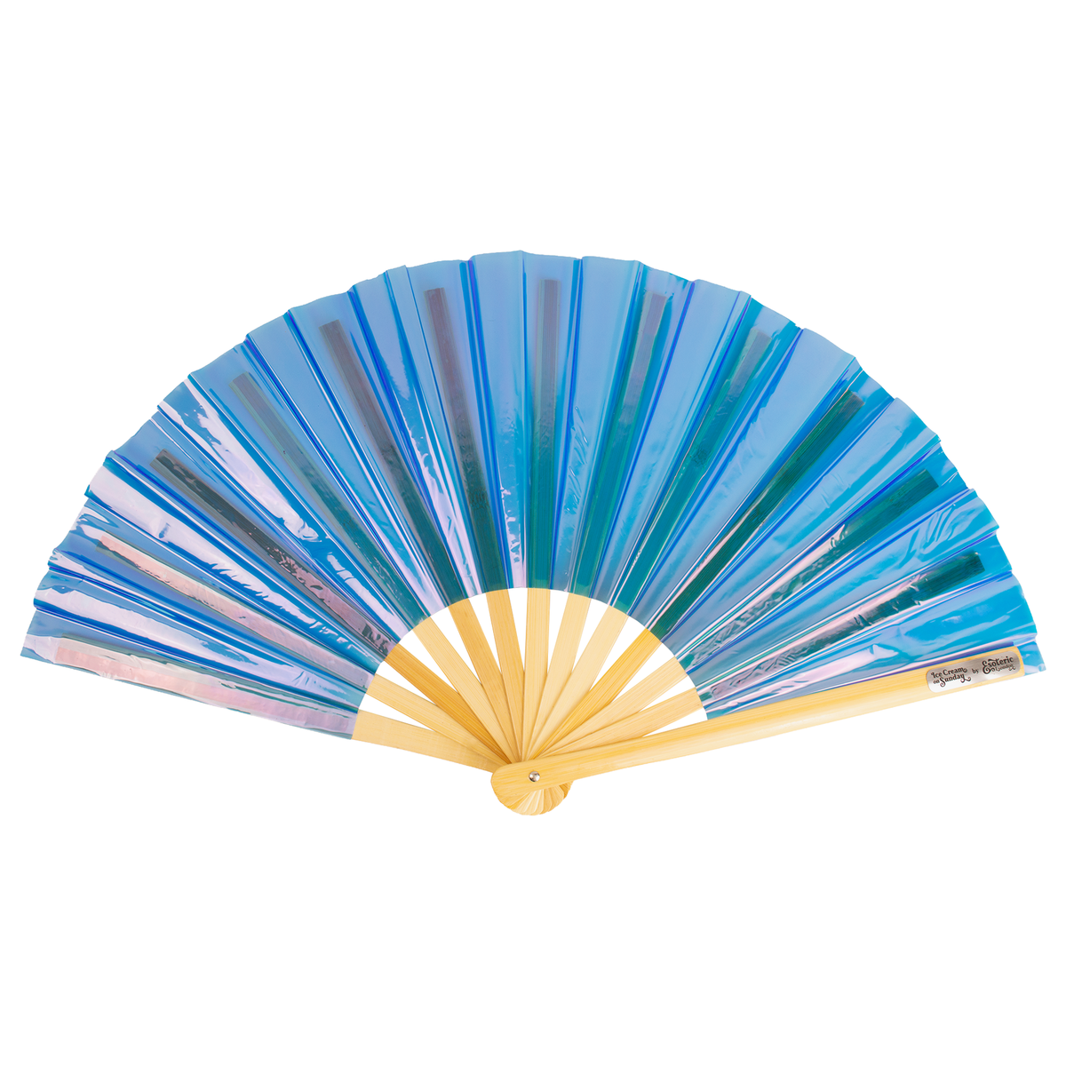 Iridescent Giant Hand Fan With Natural Bamboo Handle - Blue