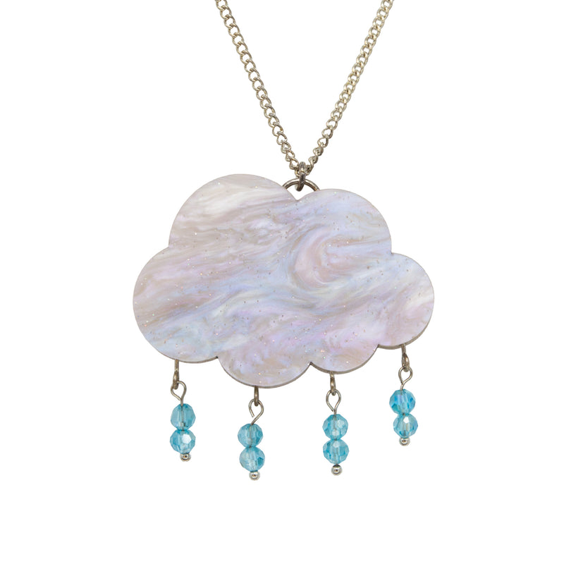Pearly lilac and pink marbled cloud pendant necklace with four dangling pairs of aqua blue beads, on a silver chain