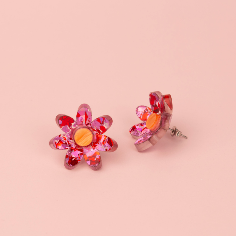 3D Flower Stud Earrings - Pink & Red Holographic Confetti by Esoteric Dreamland