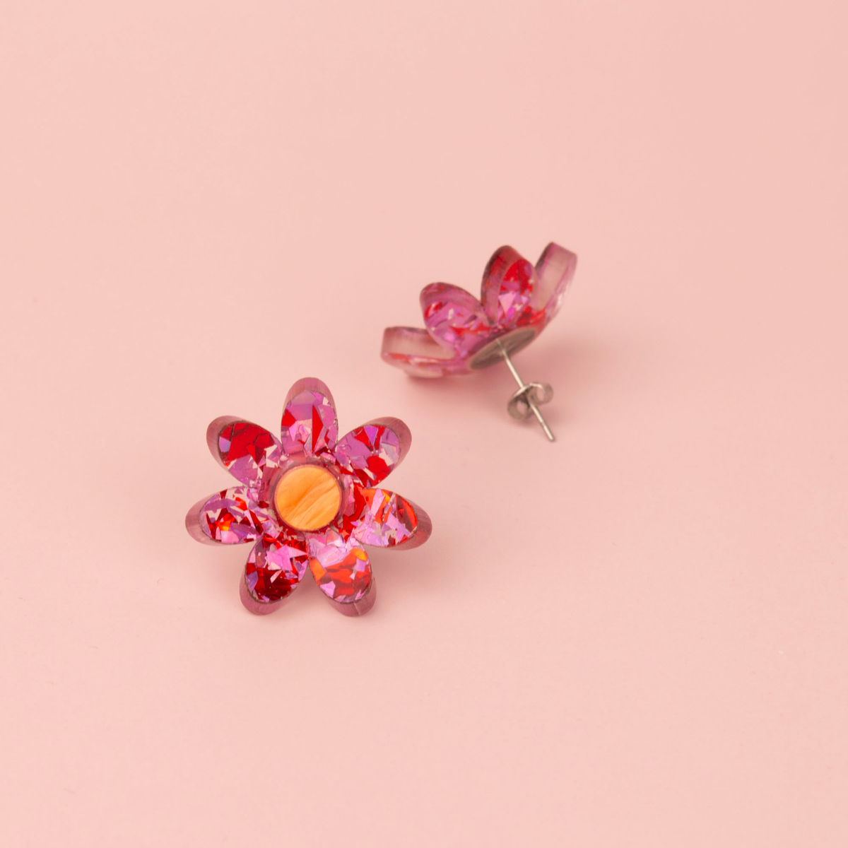 3D Flower Stud Earrings - Pink & Red Holographic Confetti, view 2