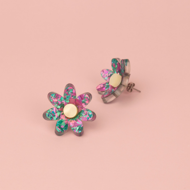 3D Flower Stud Earrings - Lilac & Turquoise Holographic Confetti by Esoteric Dreamland