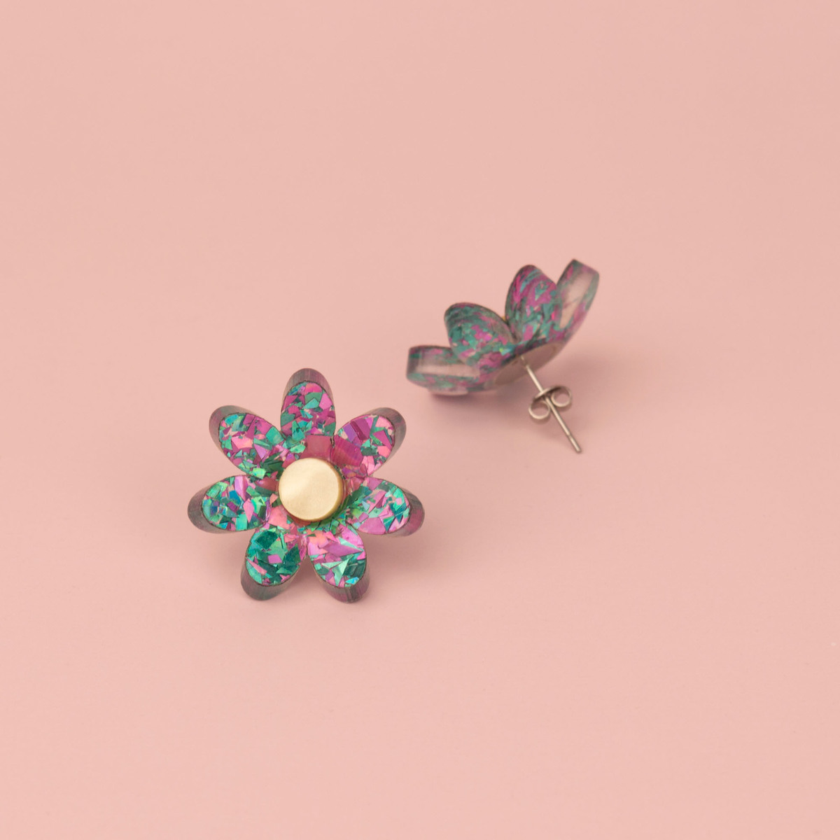 3D Flower Stud Earrings - Lilac & Turquoise Holographic Confetti, view 2