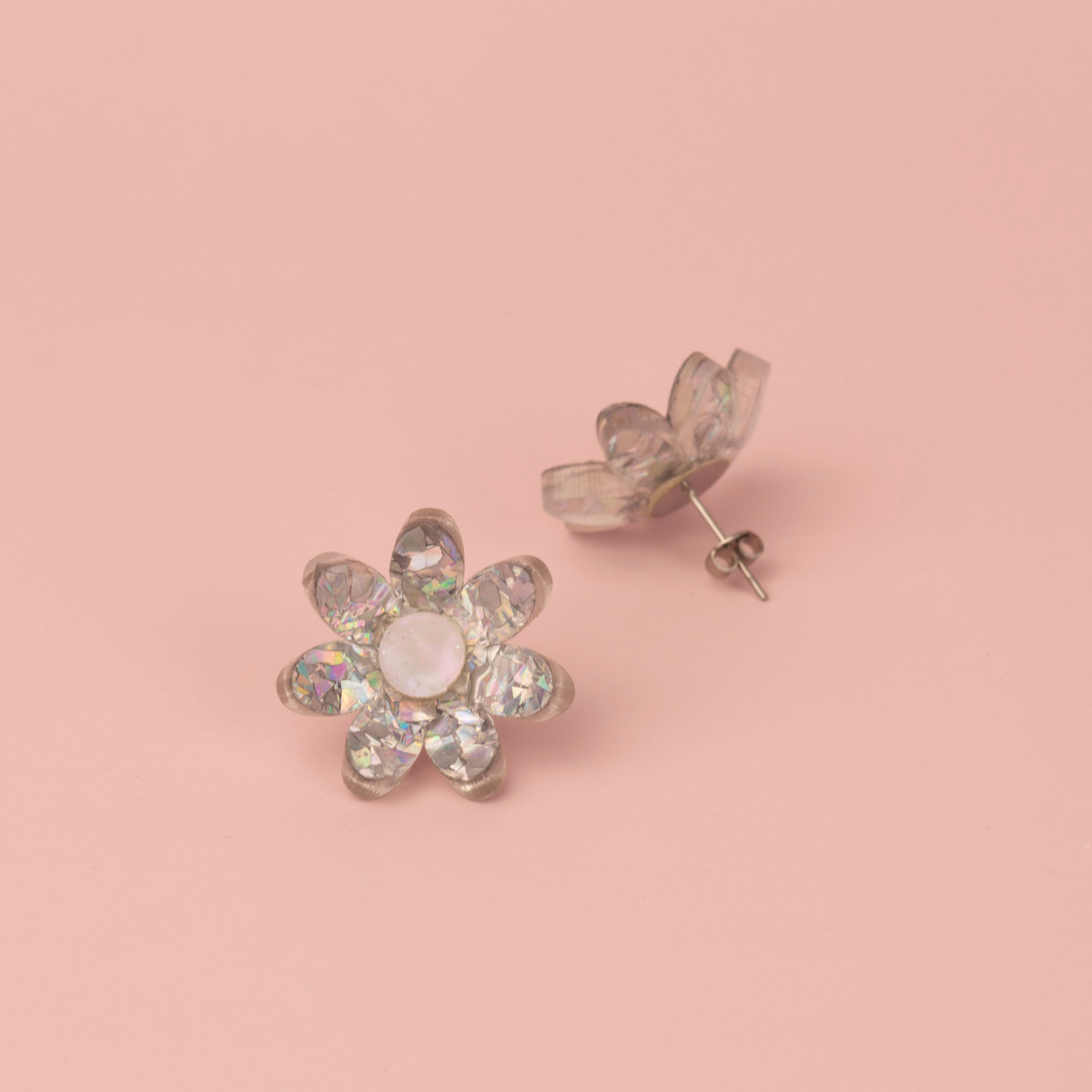 3D Flower Stud Earrings - Silver Holographic Confetti, view 2