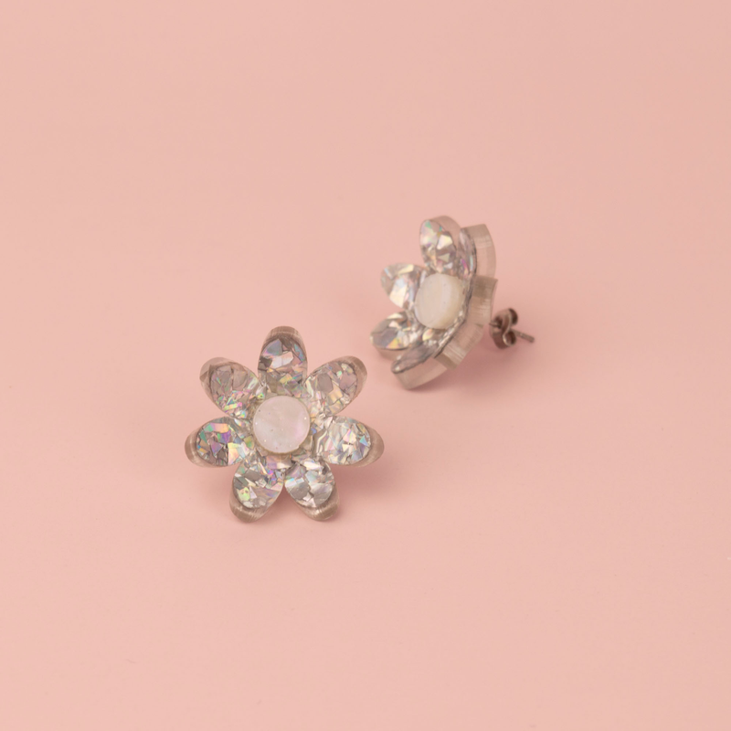3D Flower Stud Earrings - Silver Holographic Confetti by Esoteric Dreamland