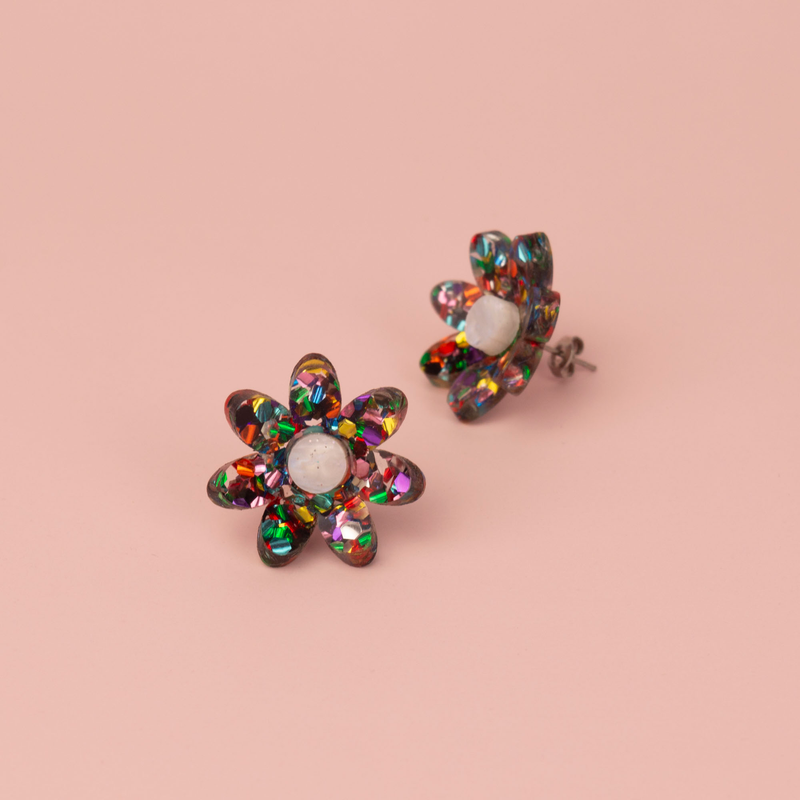 3D Flower Stud Earrings - Dark Rainbow Confetti by Esoteric Dreamland