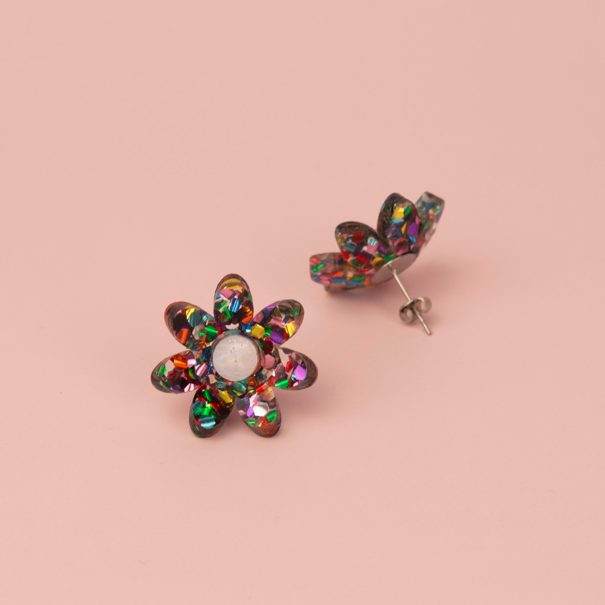 3D Flower Stud Earrings - Dark Rainbow Confetti, view 2