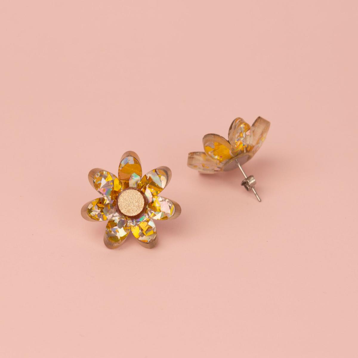 3D Flower Stud Earrings - Silver & Gold Holographic Confetti, view 2