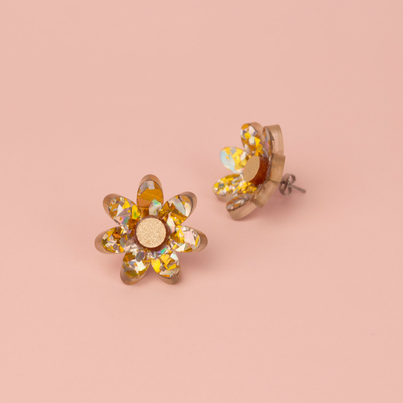 3D Flower Stud Earrings - Silver & Gold Holographic Confetti by Esoteric Dreamland