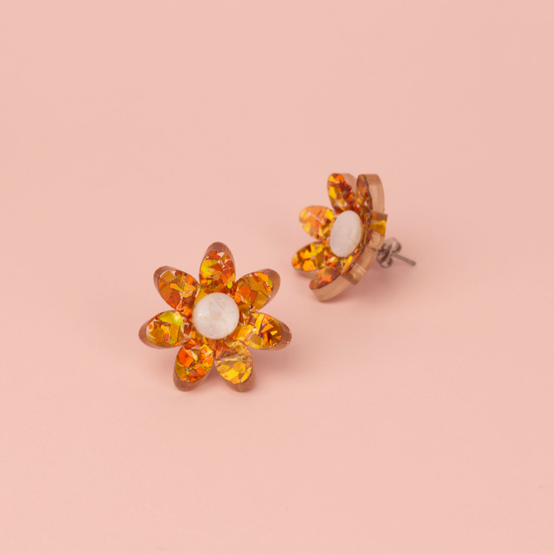 3D Flower Stud Earrings - Orange & Gold Holographic Confetti by Esoteric Dreamland