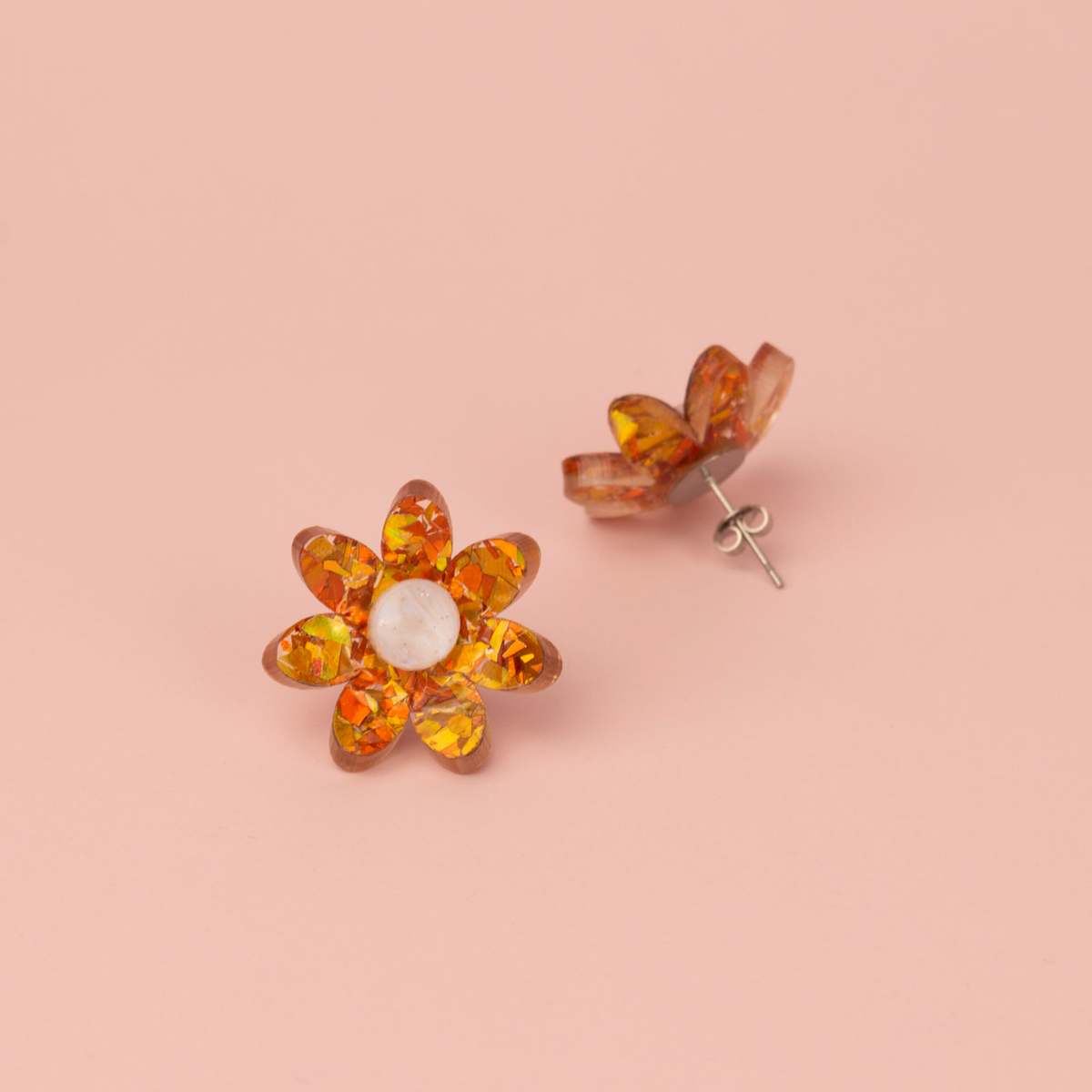 3D Flower Stud Earrings - Orange & Gold Holographic Confetti, view 2