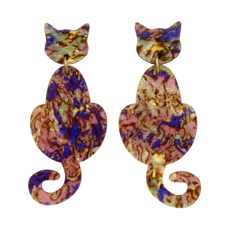 Cat Dangle Earrings - Coral Abalone by Esoteric Dreamland