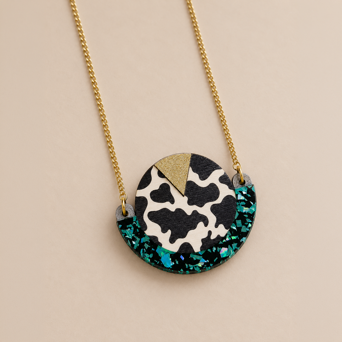 Wild Black & Teal Cow Print Round Pendant Necklace