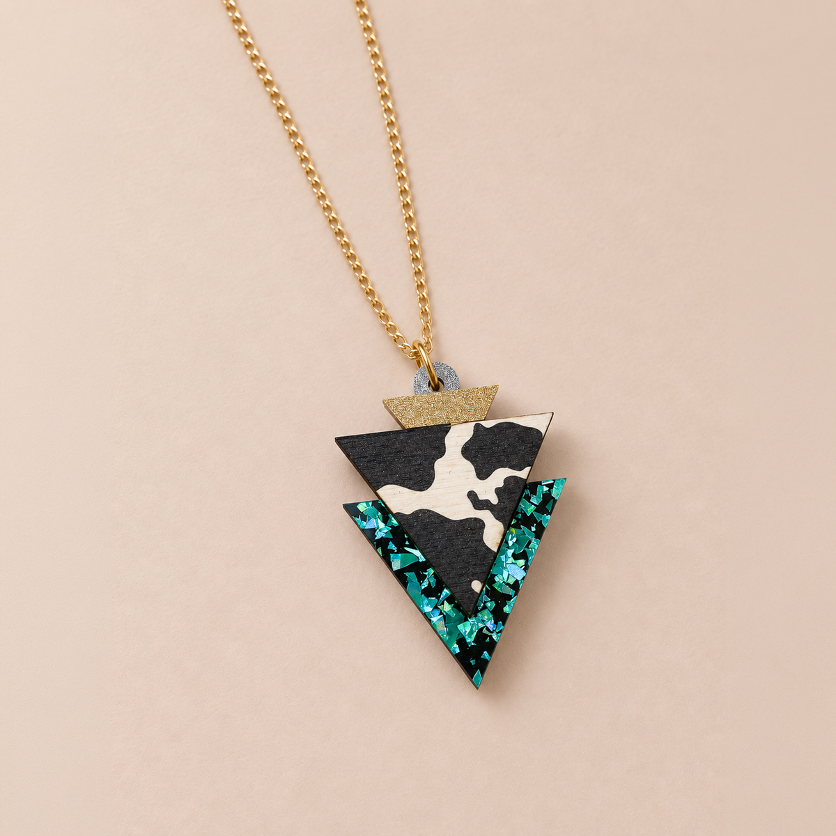 Wild Black & Teal Cow Print Triangle Pendant Necklace