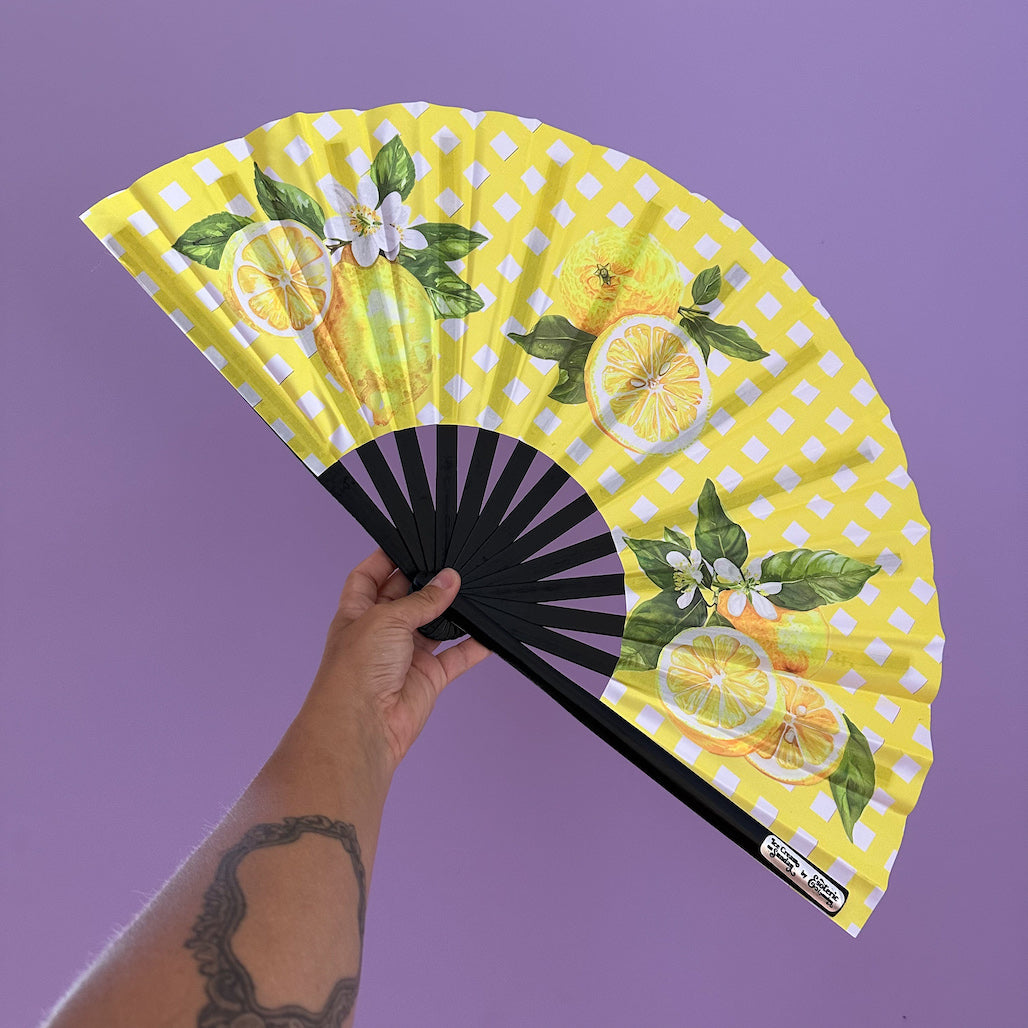 Giant Clacking Hand Fan with Lemon Gingham print (Glows in UV!)