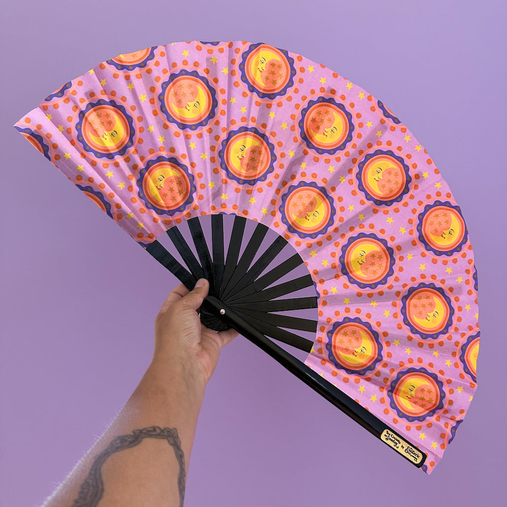 Giant Clacking Hand Fan with Moon Face Tiles print (Glows in UV!)