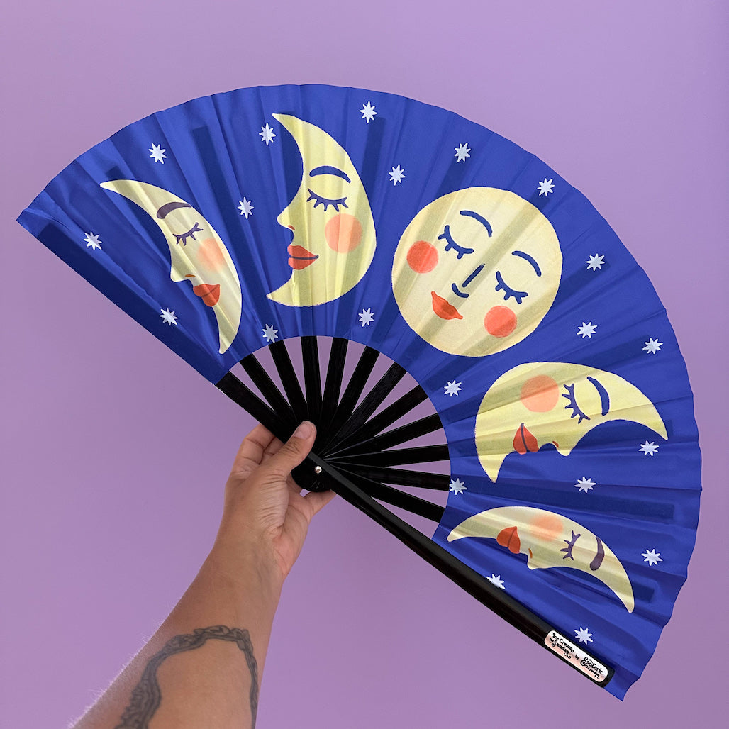 Giant Clacking Hand Fan with Moonphase Faces print (Glows in UV!)
