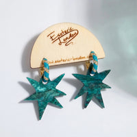 Wonky Star Teal dangle hoop earrings
