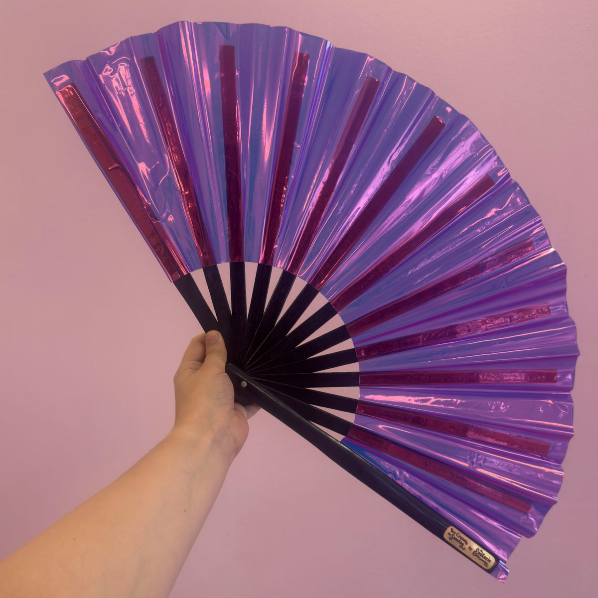 Iridescent Purple Giant Hand Fan With Black Bamboo Handle *SLIGHT SECONDS*