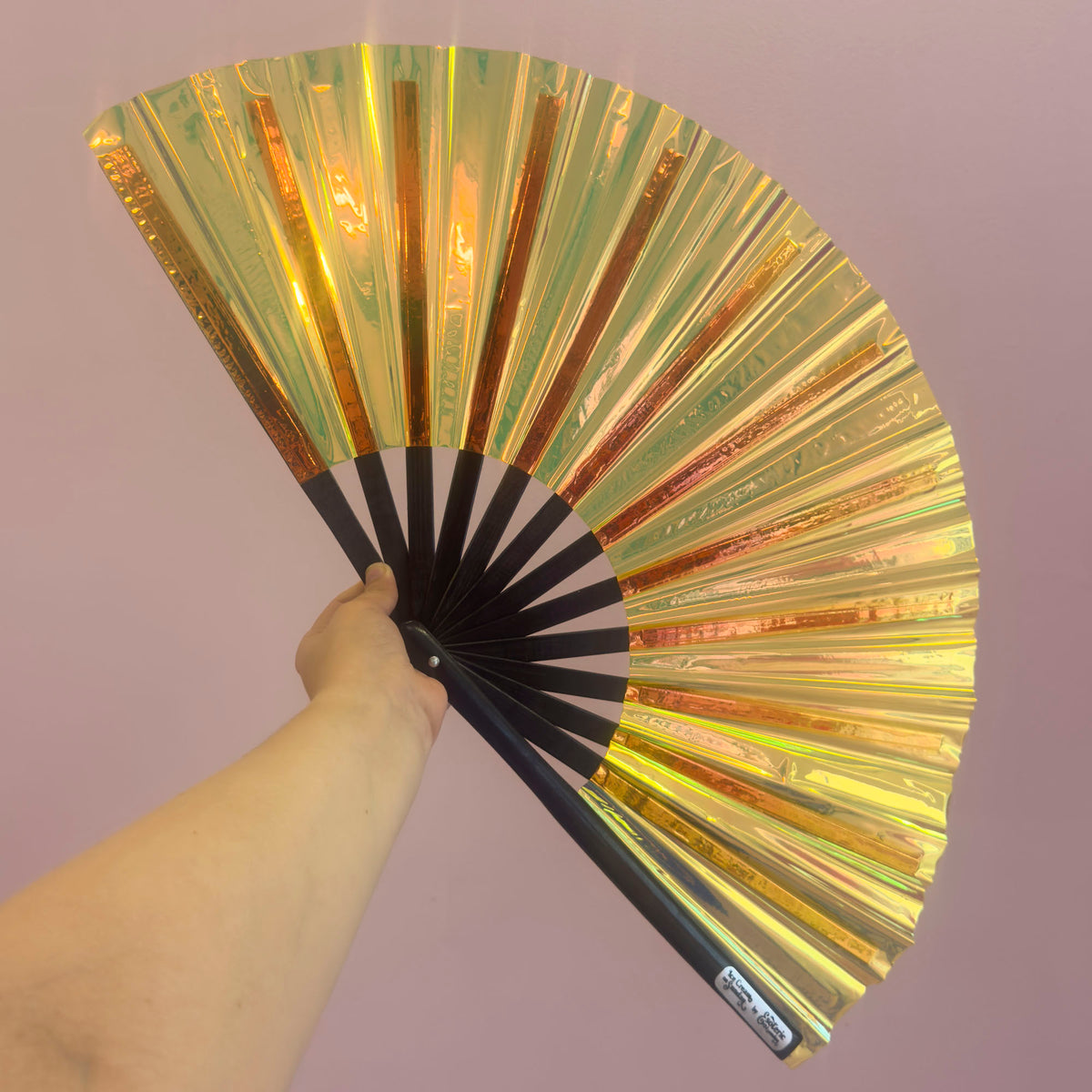 Iridescent Yellow Giant Hand Fan With Black Bamboo Handle *SLIGHT SECONDS*