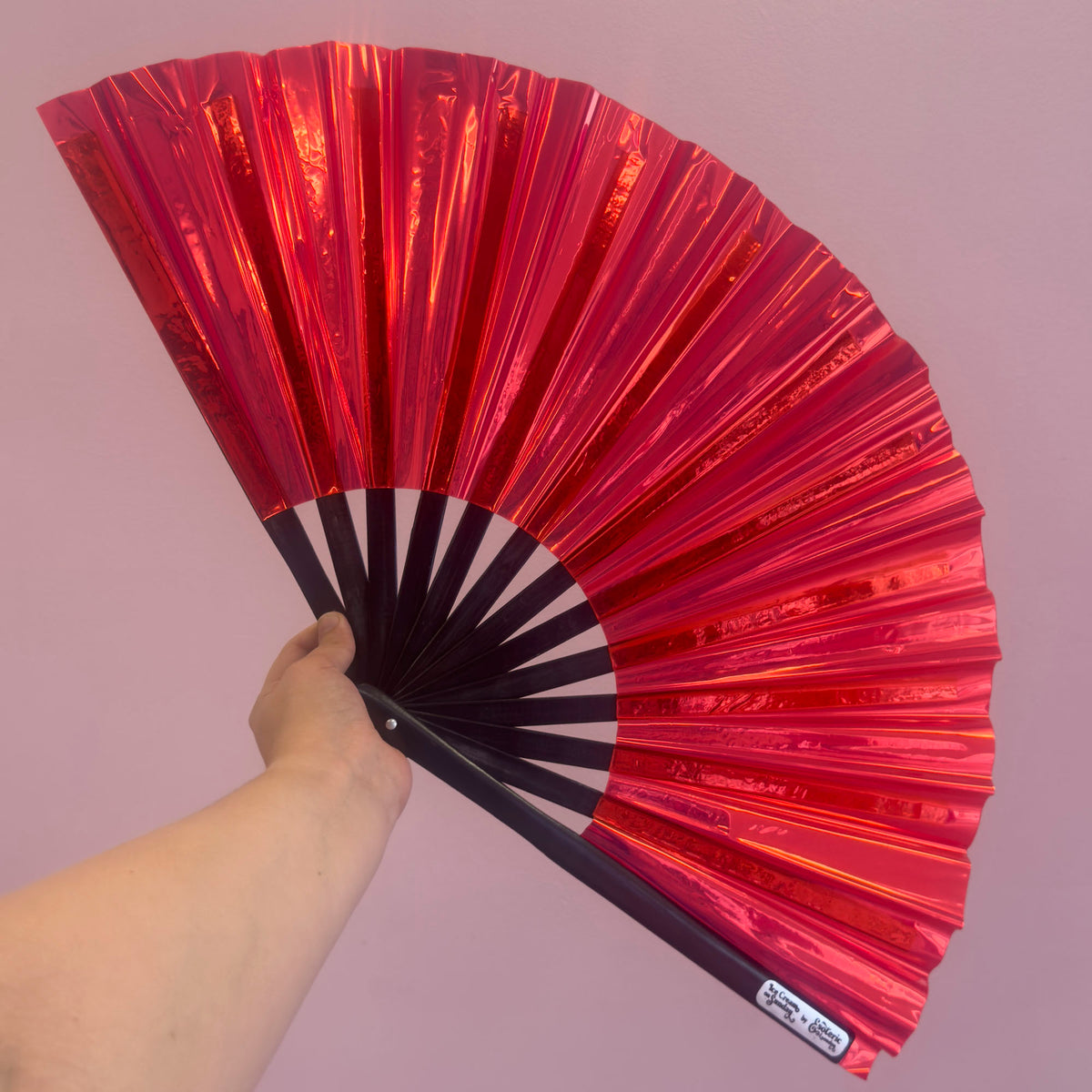Iridescent Red Giant Hand Fan With Black Bamboo Handle *SLIGHT SECONDS*