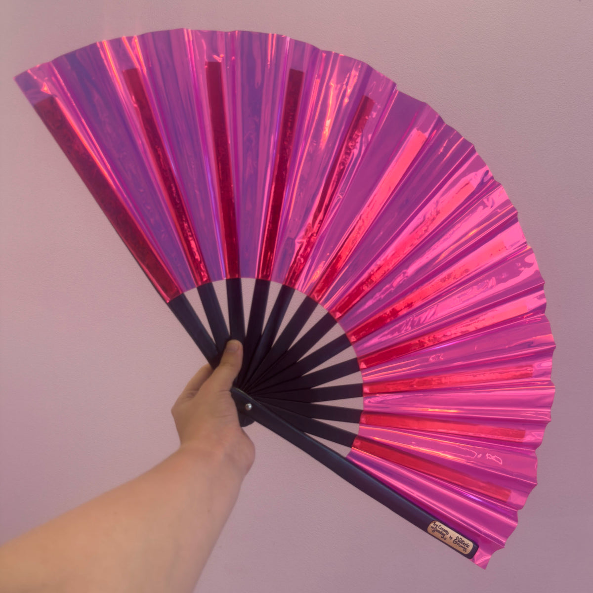 Iridescent Pink Giant Hand Fan With Black Bamboo Handle *SLIGHT SECONDS*