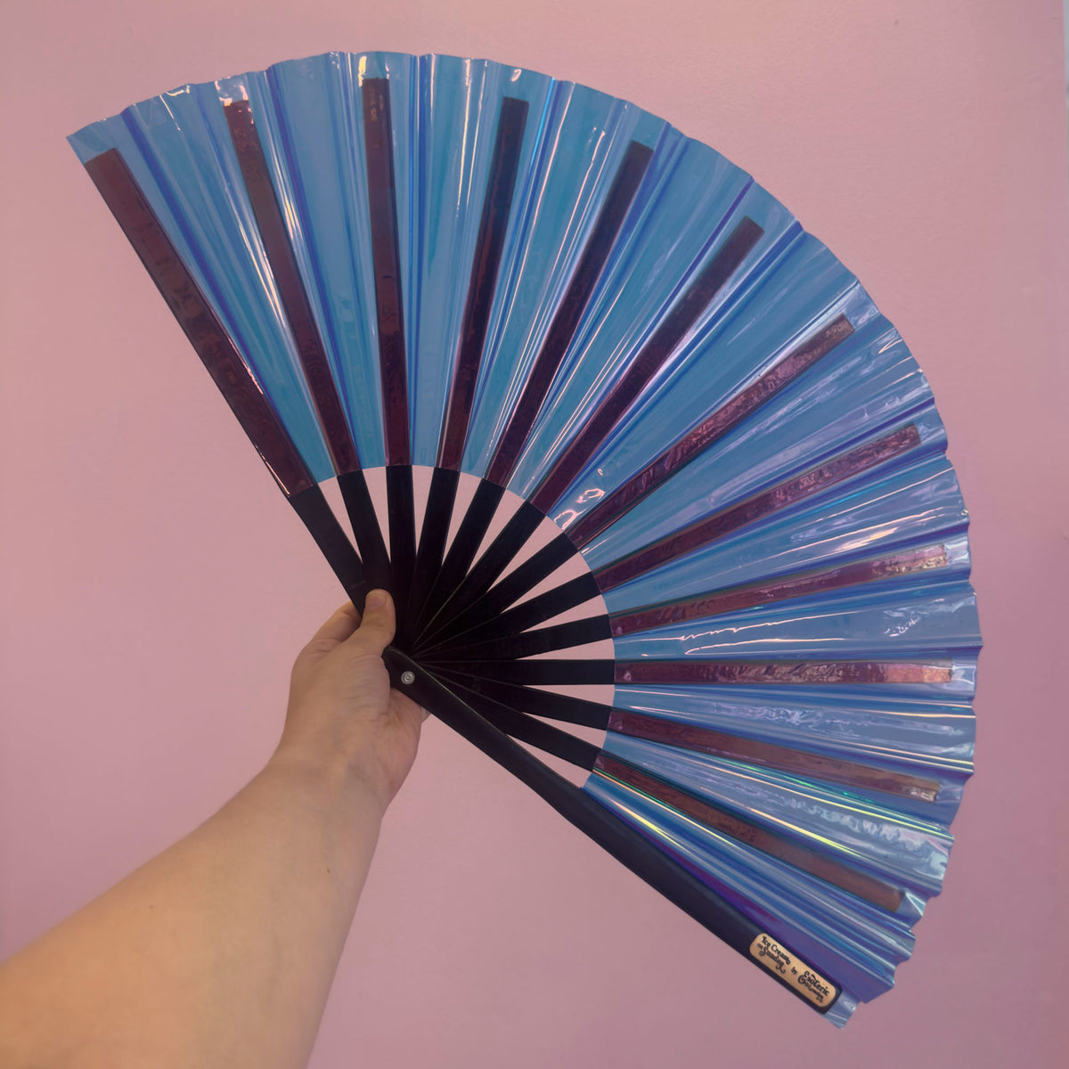 Iridescent Blue Giant Hand Fan With Black Bamboo Handle *SLIGHT SECONDS*