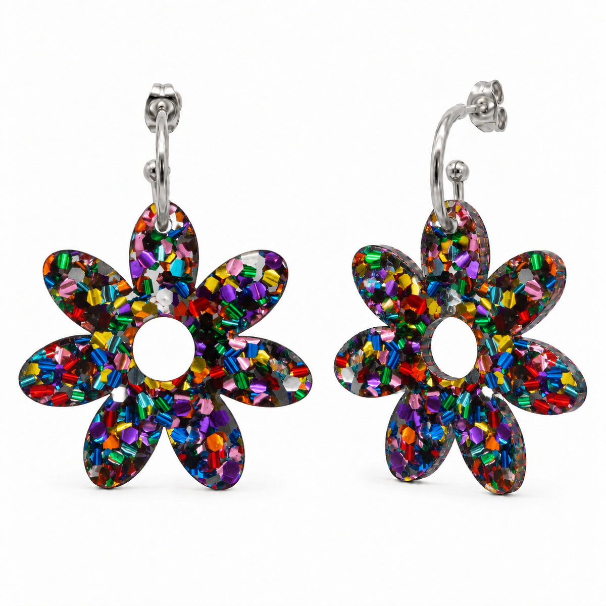 Pair of rainbow confetti flower dangle hoops with silver hoops, one turned to show the post, front view on white