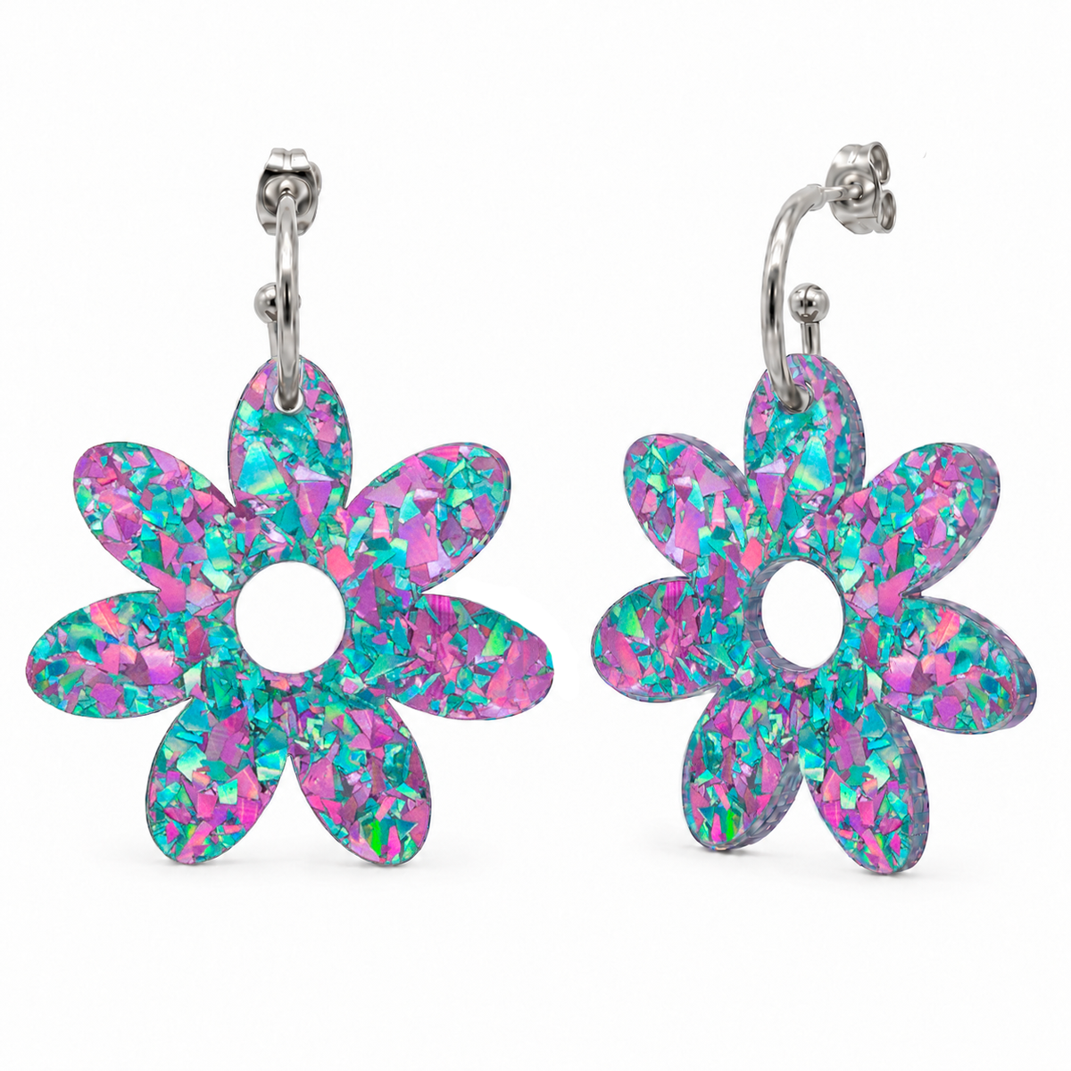 Pair of lilac and turquoise holographic confetti flower dangle hoops with silver hoops, front view on white
