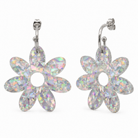 Flower Dangle Hoop Earrings - Silver Holographic Confetti