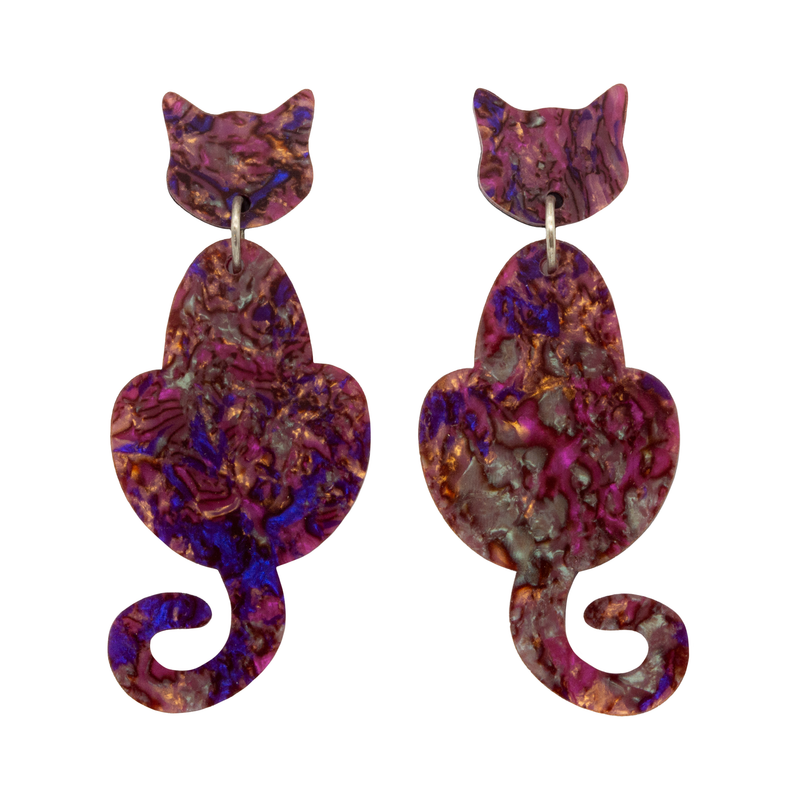 Cat Dangle Earrings - Fuchsia Abalone by Esoteric Dreamland
