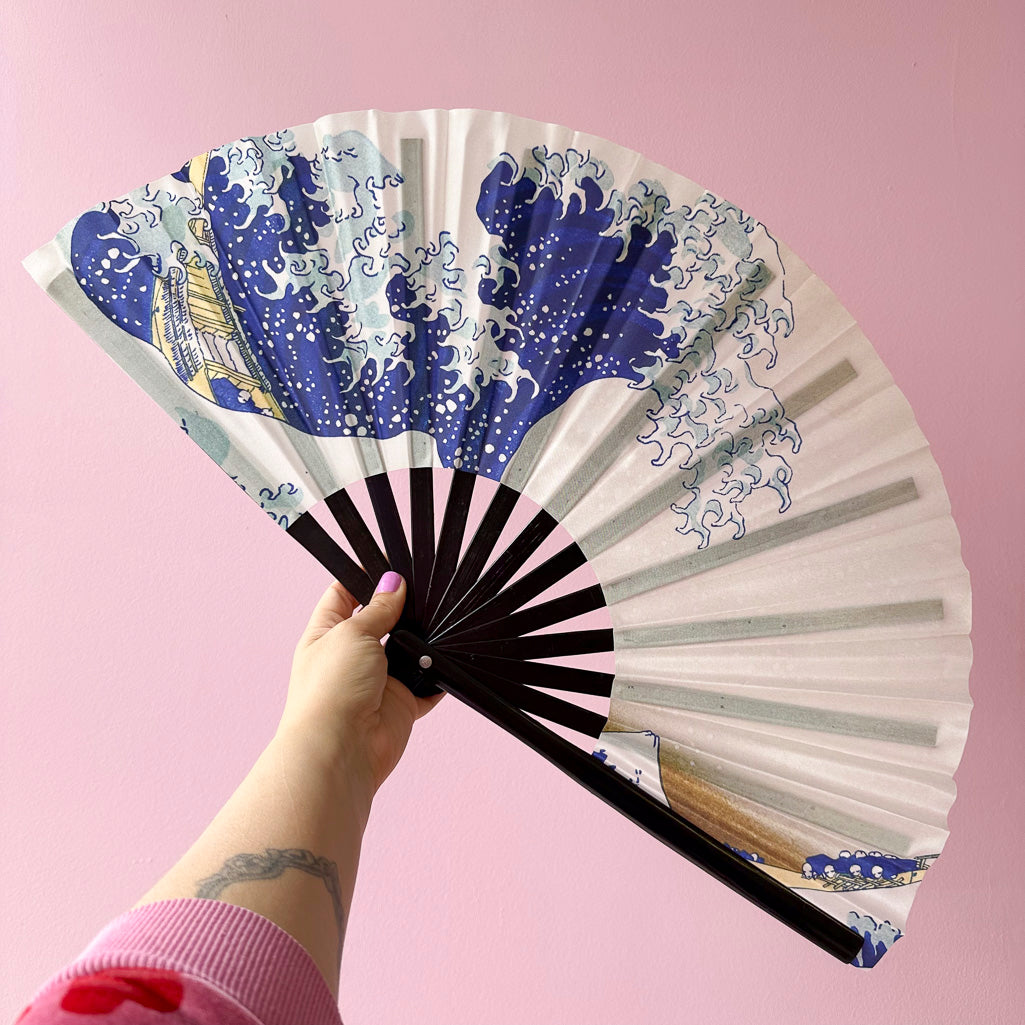Giant Clacking Hand Fan with Japanese Wave print (Glows in UV!)