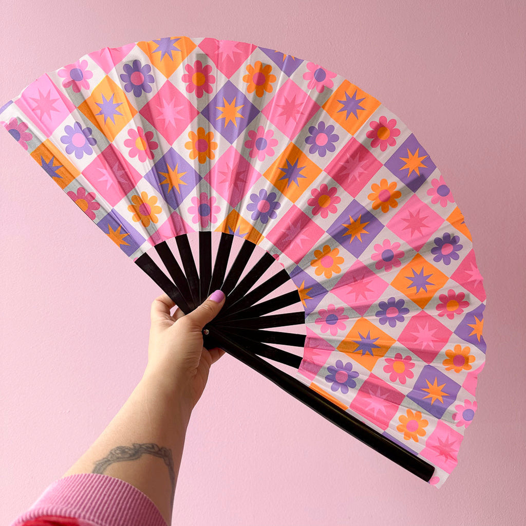 Giant Clacking Hand Fan with Retro Floral Squares print (Glows in UV ...