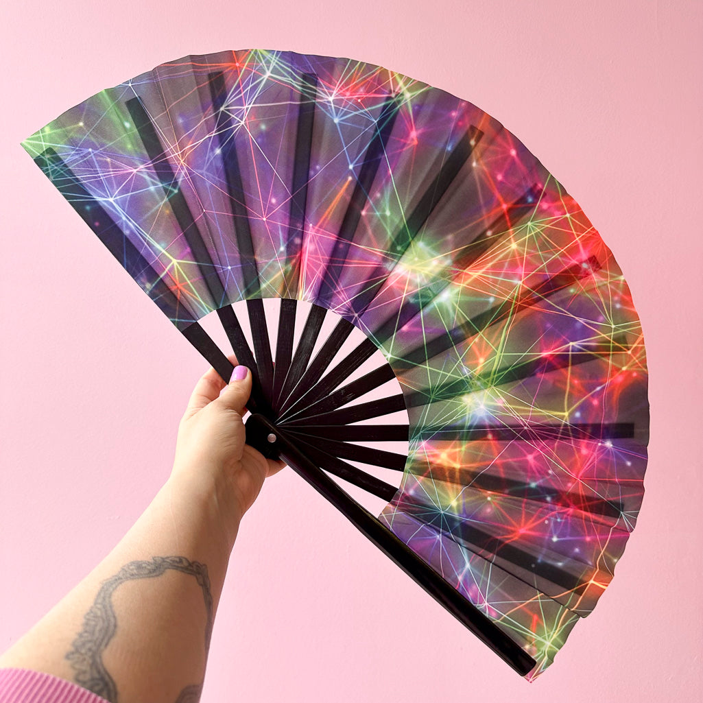 Giant Clacking Hand Fan with Trippy Electric Lights print (Glows in UV!)