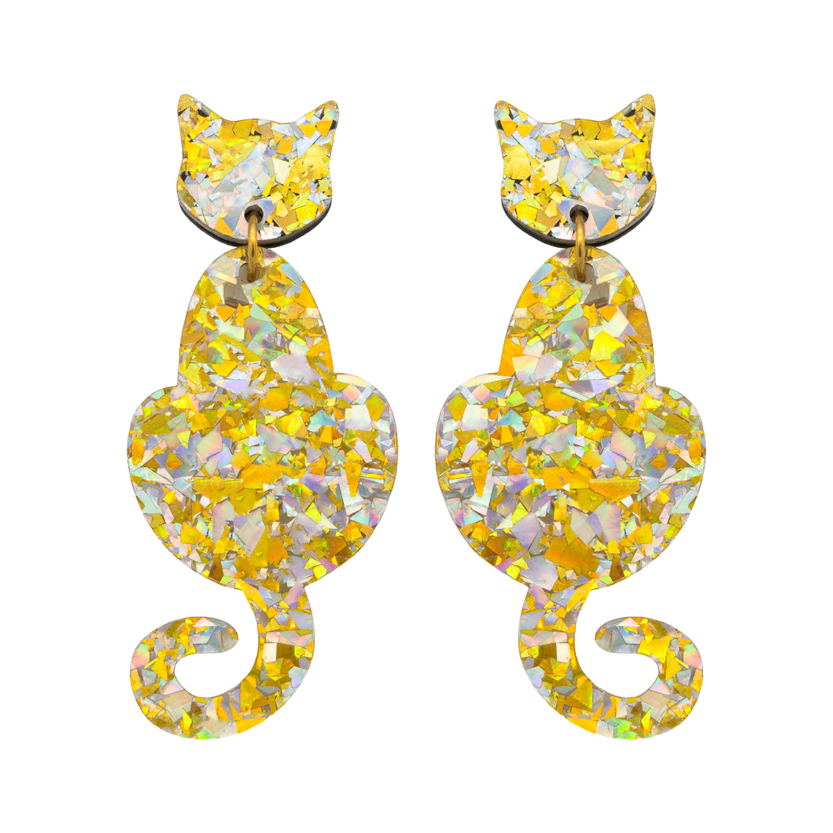 Cat Dangle Earrings - Silver/ Gold Holographic Confetti