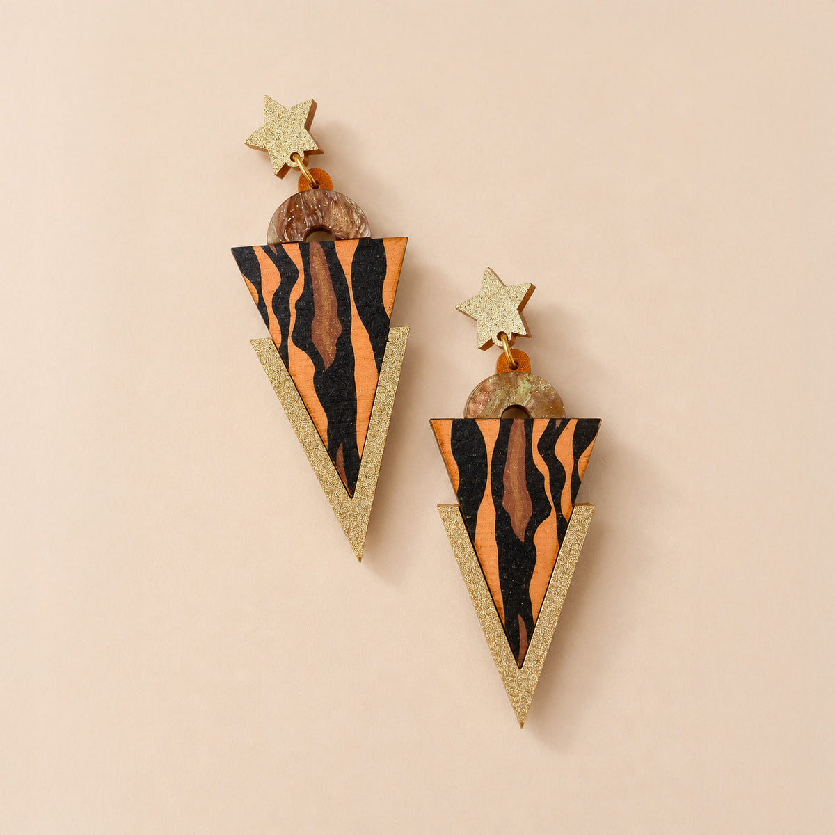 Wild Brown & Gold Tiger Stripe Print Triangle Dangle Studs