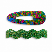 Confetti & Zig Zag Disco Hair Clips - Green