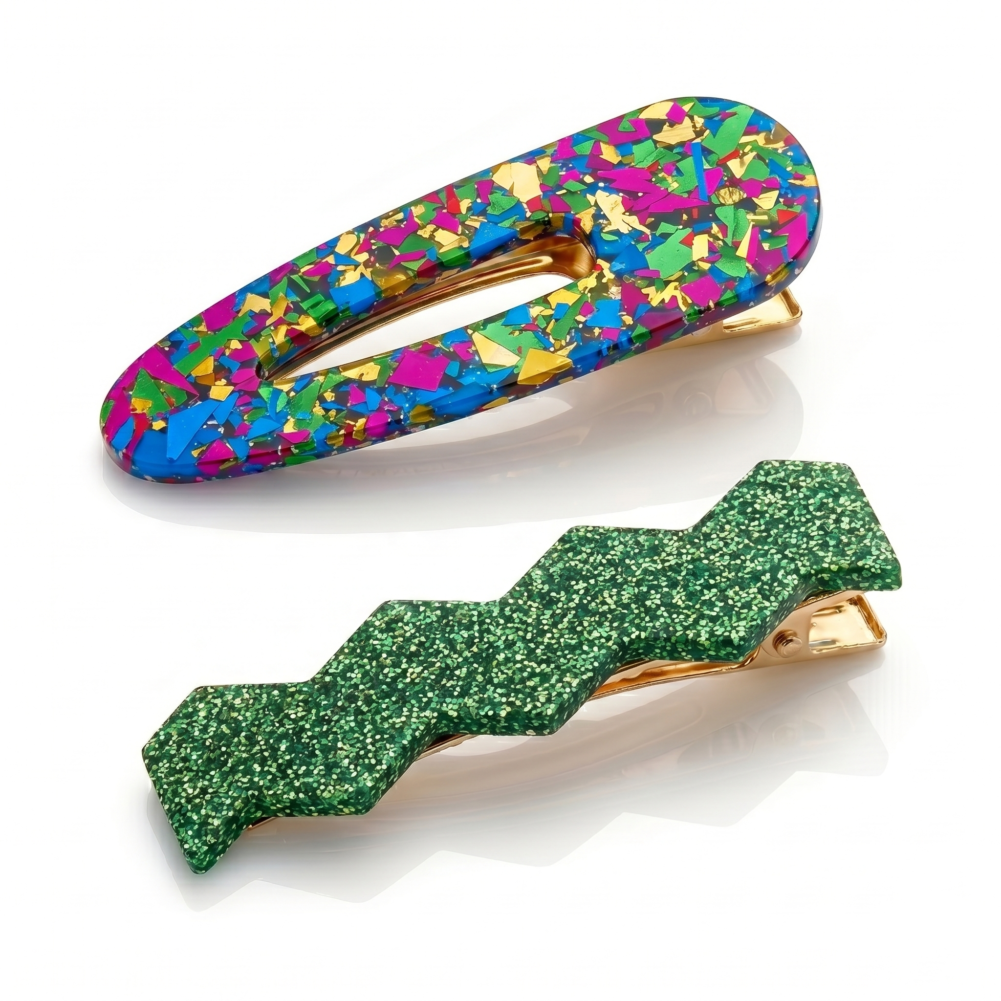 Confetti & Zig Zag Disco Hair Clips - Green