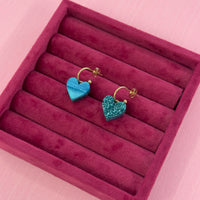 Reversible Heart Dangle Hoop Earrings - Blue/ Teal *SAMPLE*